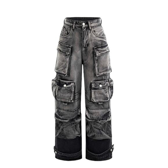 Micas Women's XL Black Gray Ombre Multi Pocket Wide Leg Cargo Denim Jeans - Picture 1 of 7
